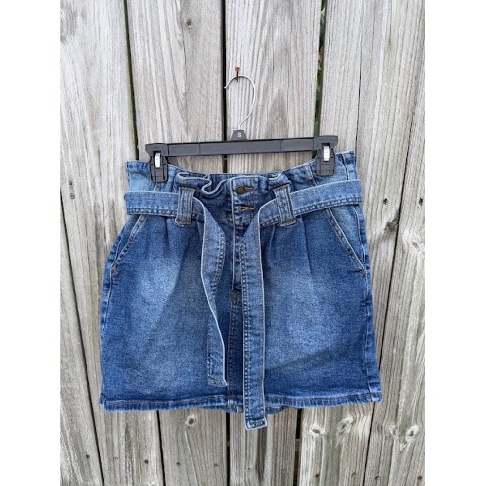 Paperbag Waist Angel Kiss Denim Mini Skirt L Blue Belted High Rise Jean Skirt